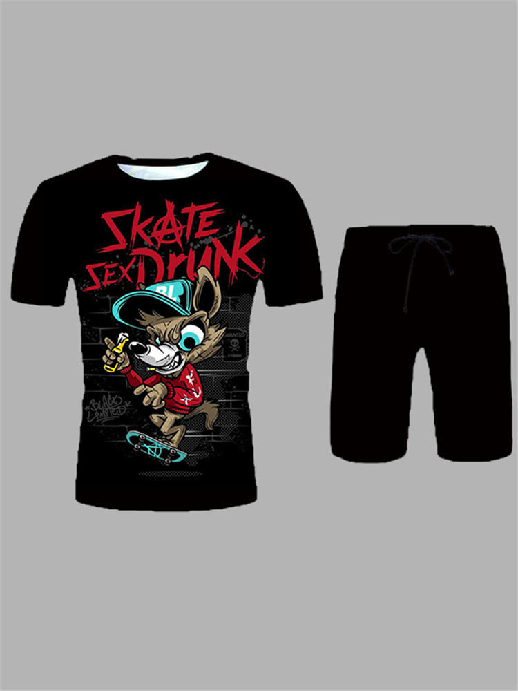

Lovely Men Street Cartoon Letter Print Black Two Piece Shorts Set