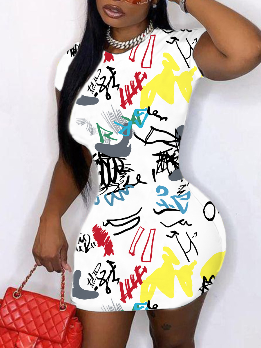 

Lovely Casual Round Neck Graffiti Print White Mini Dress
