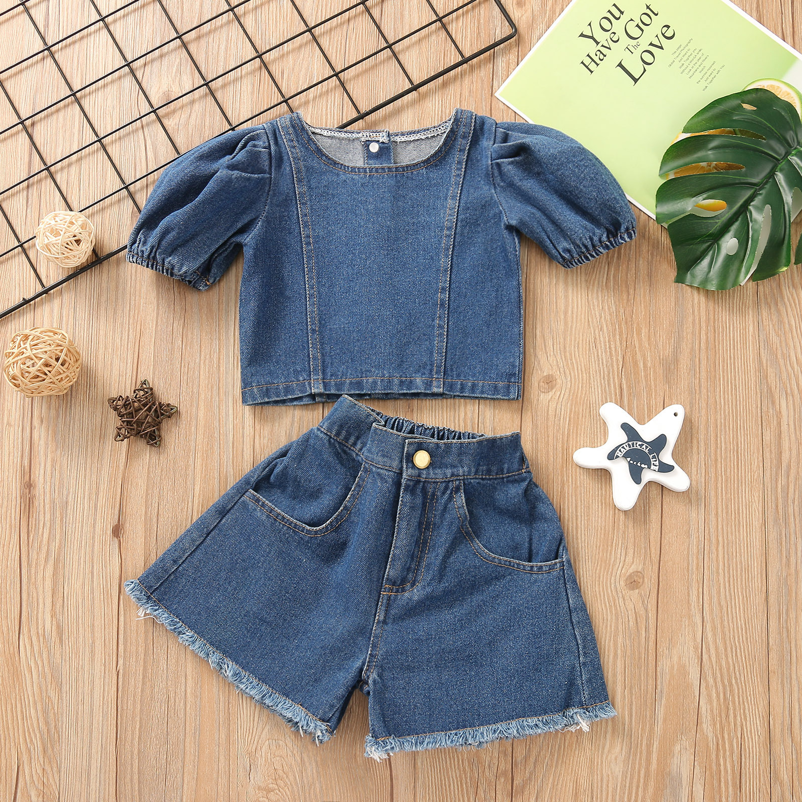 

Lovely Girl Casual Ruffle Design Raw Edge Blue Two Piece Shorts Set