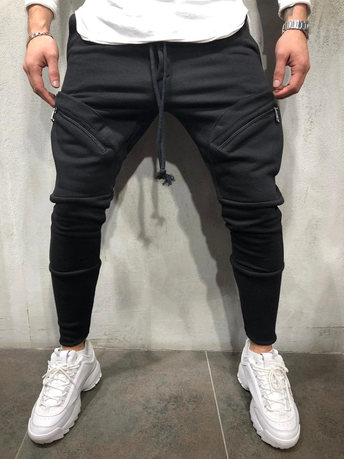 

LW COTTON Men Casual Pocket Design Drawstring Black Pants