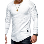 LW COTTON Men Casual O Neck Ruffle Design White T-
