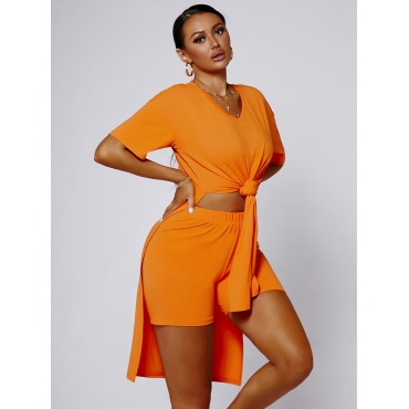 

Lovely Cotton Material Serious Casual V Neck Split Orange Two Piece Shorts Set