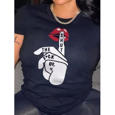 

LW Casual Lip Letter Print Black T-shirt