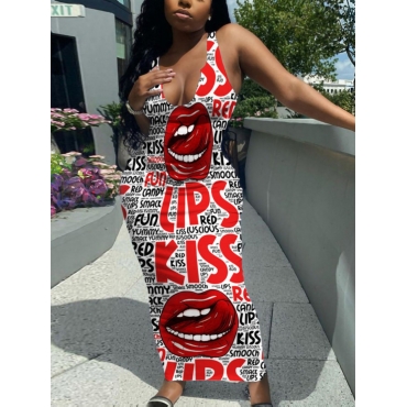 

LW Street U Neck Lip Letter Print White Ankle Length Dress