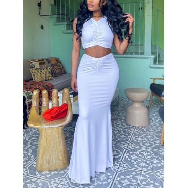 

Lovely Elegant Round Neck Ruched White Two Piece Skirt Set
