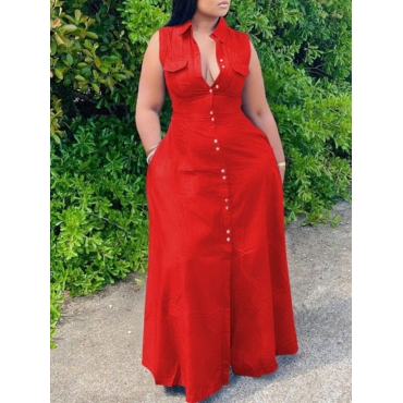 

LW Plus Size Casual Button Pocket Design Red Floor Length Shirt Dress