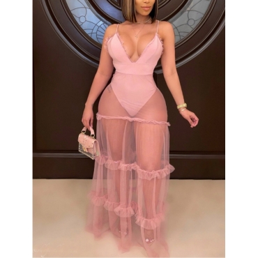 

LW SXY Plus Size See-through Flounce Design Dress, Pink