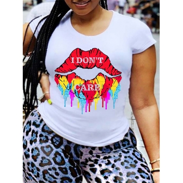 

LW Plus Size Casual Lip Letter Print White T-shirt