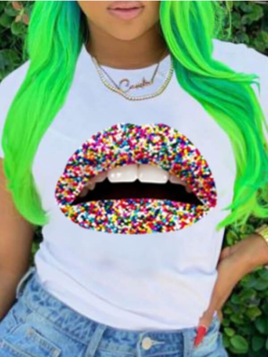 

LW Casual O Neck Lip Print Multicolor T-shirt, Multi