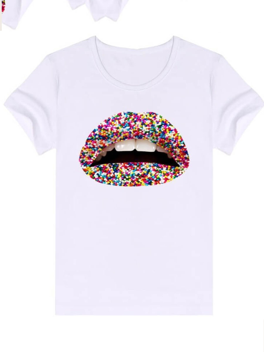Lovely Casual O Neck Lip Print Multicolor T-shirt
