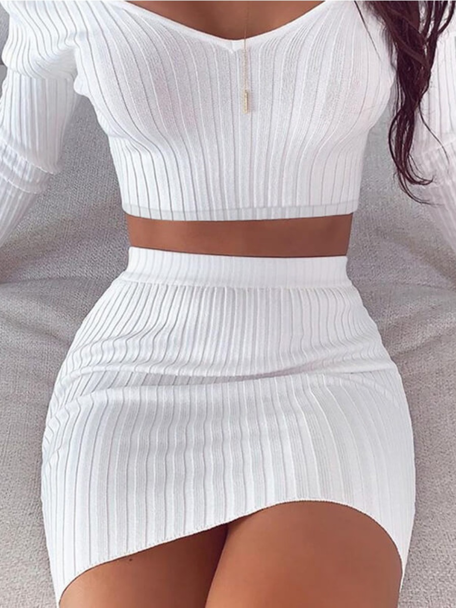 

LW COTTON Trendy Striped White Two-piece Skirt Set