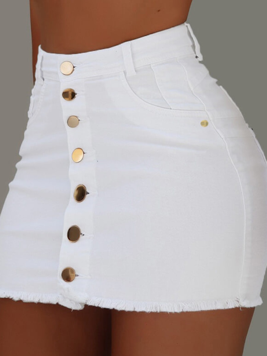 

Lovely Casual Buttons Design White Mini Skirt