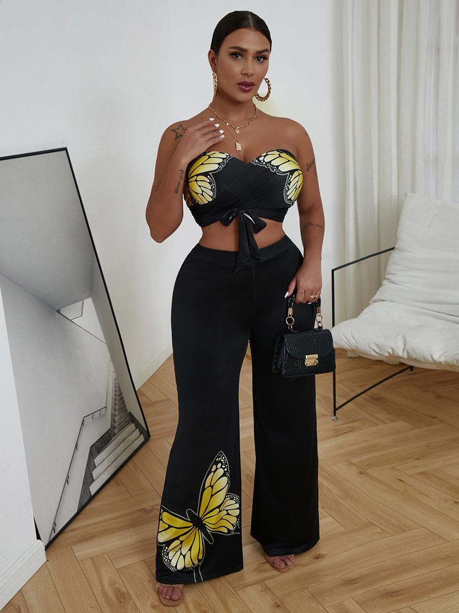 

Lovely Sweet Butterfly Print Bandage Design Black Two Piece Pants Set