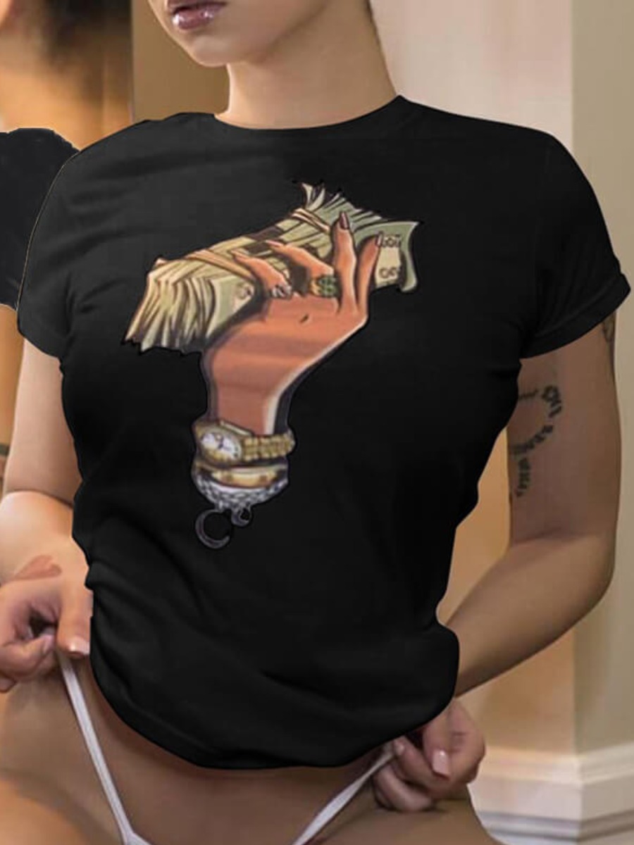 

LW Casual Round Neck Cartoon Printed Black T-shirt