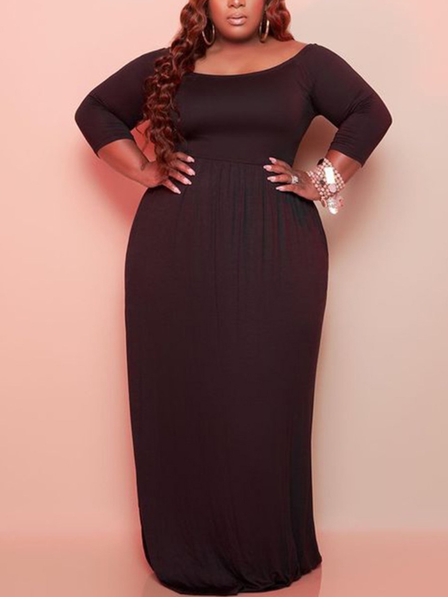 

Lovely Plus Size Casual Boat Neck Pocket Design Black Floor Length Dress