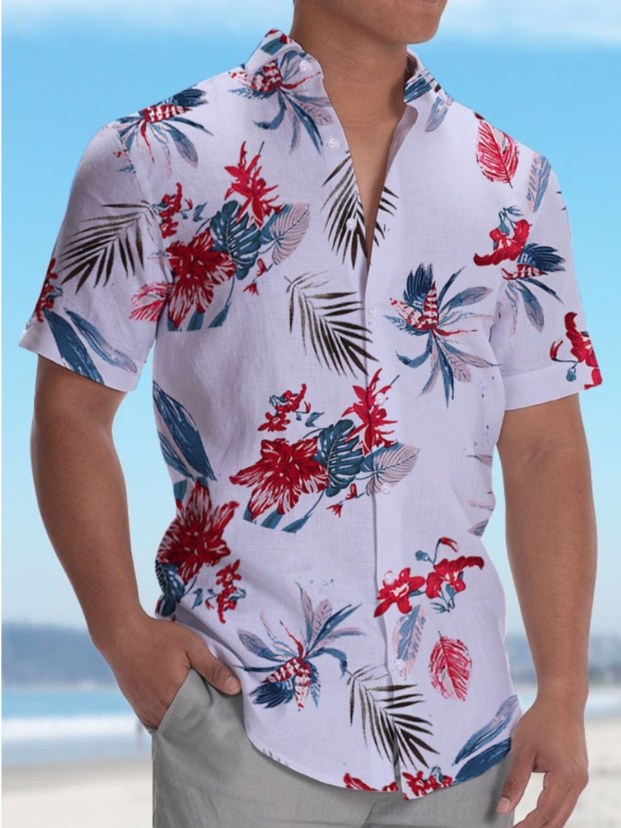 

LW Men Street Turndown Collar Floral Print White Shirt