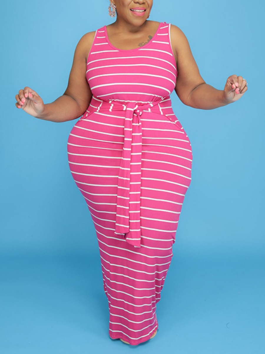 

Lovely Plus Size Casual Striped Bandage Design Rose Red Floor Length Dress
