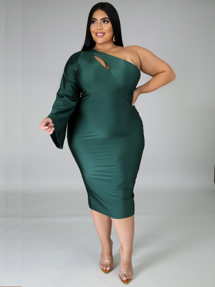 Lovely Plus Size Elegant One Shoulder Flared Black Green Knee Length Dress