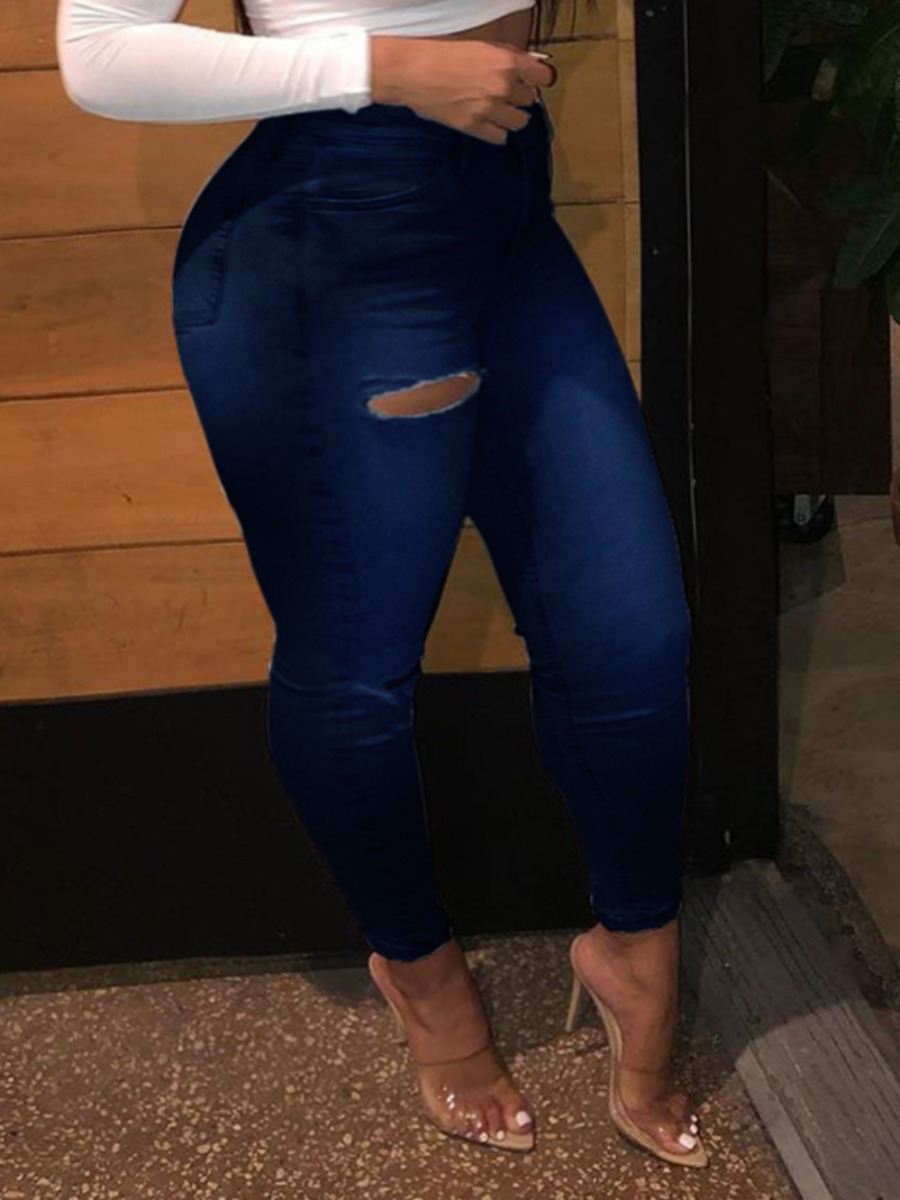 

Lovely Plus Size Street High-waisted Ripped Deep Blue Jeans