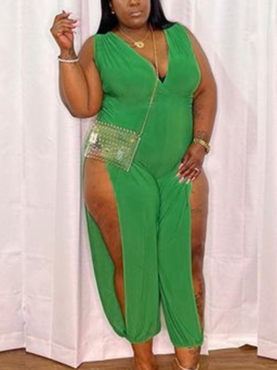 

Lovely Plus Size Casual V Neck Split Green One-piece Jumpsuit