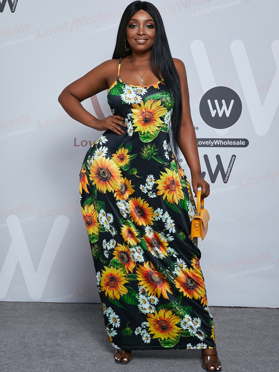

Lovely Plus Size Boho Floral Print Patchwork Black Floor Length Dress