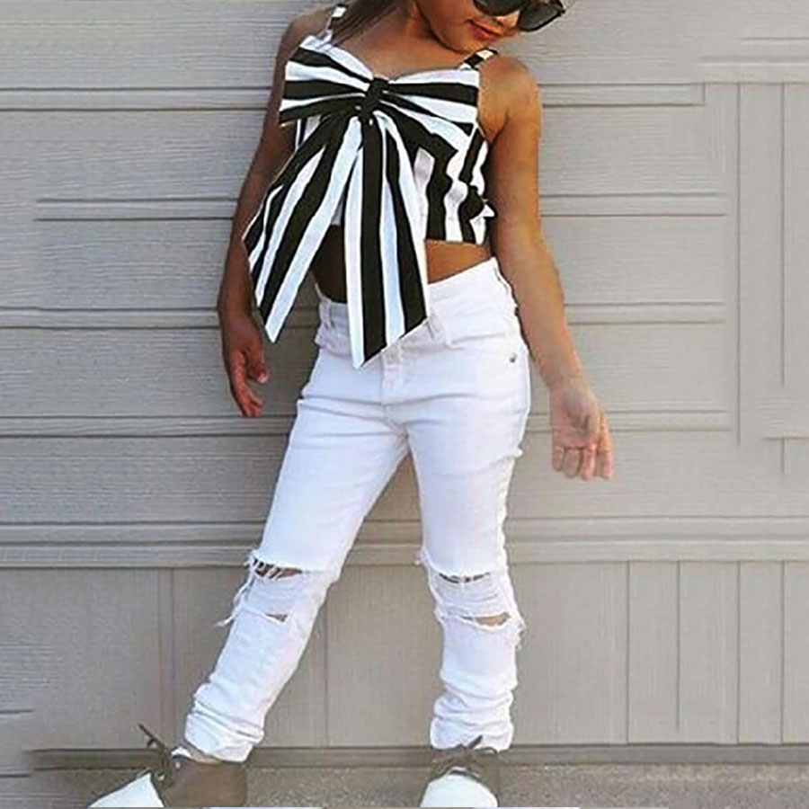 

LW Girl Trendy Striped Bow-tie Decoration Ripped White Two Piece Pants Set