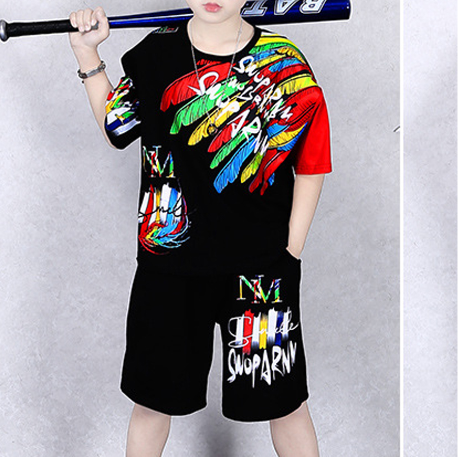 

Lovely Boy Street Letter Print Patchwork Black Two Piece Shorts Set