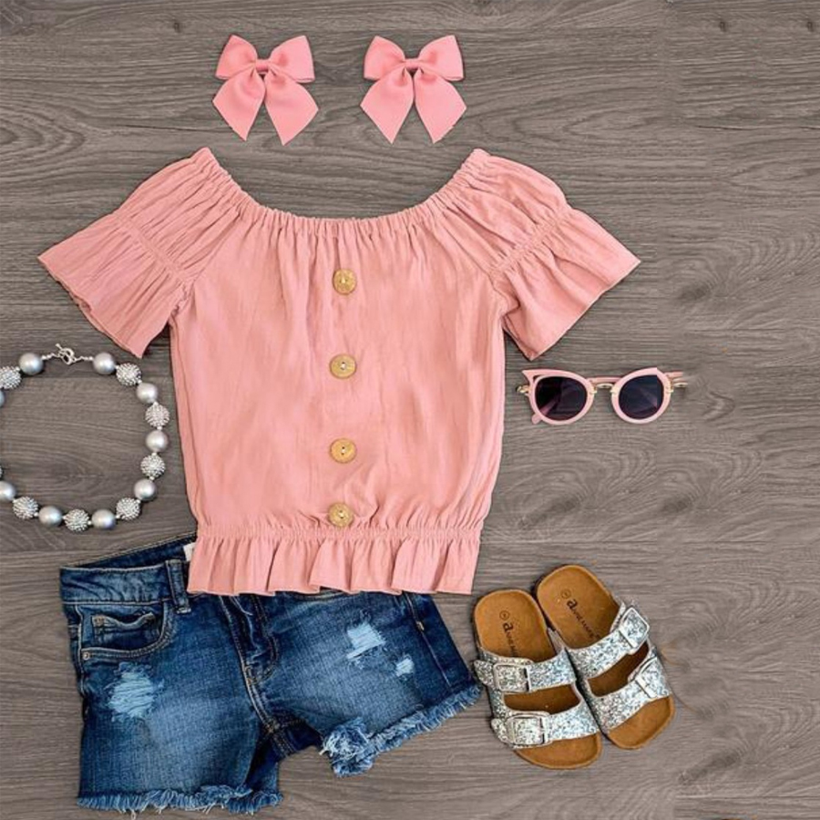 

LW COTTON Girl Casual Button Ruffle Design Raw Edge Pink Two Piece Shorts Set