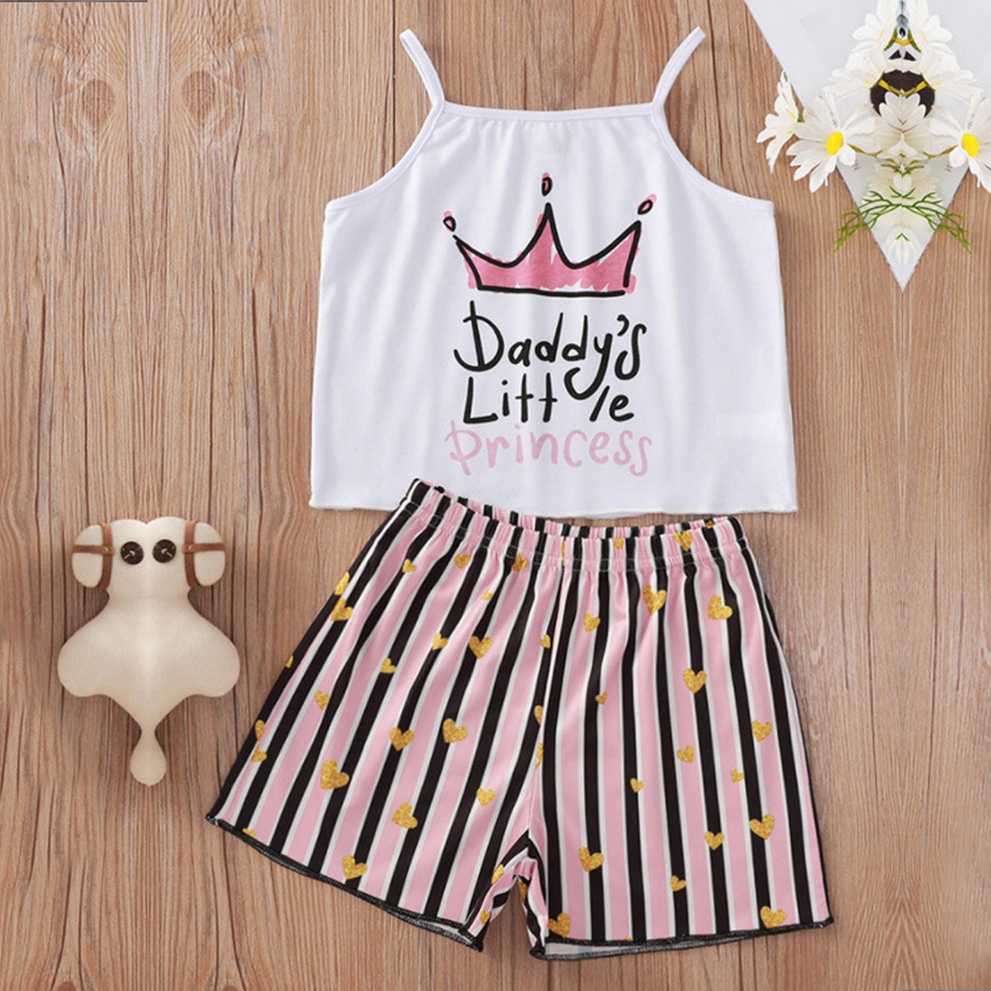 

Lovely Girl Casual Crown Letter Print Striped White Two Piece Shorts Set