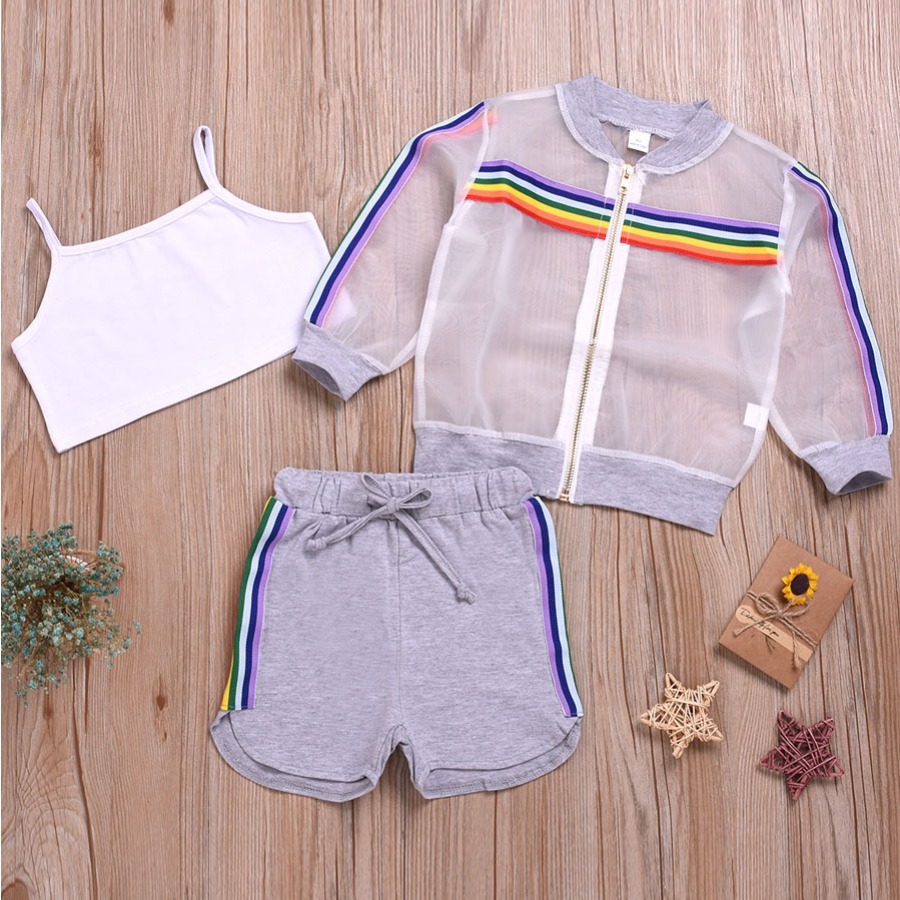

Lovely Girl Casual See-through Rainbow Stripe Drawstring Grey Three Piece Shorts Set