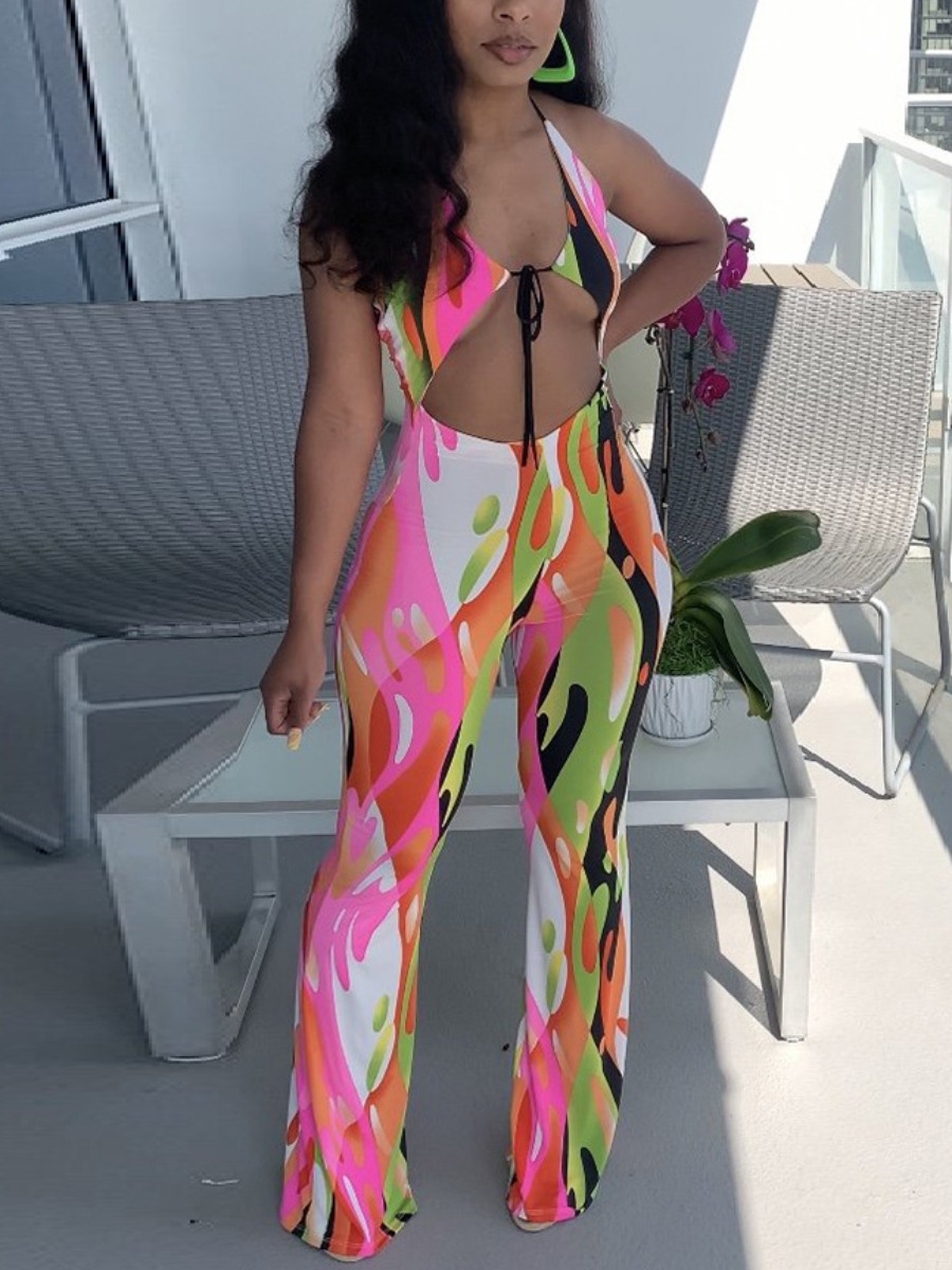 

Lovely Sexy Tie-dye Bandage Hollow-out Design Pink One-piece Jumpsuit