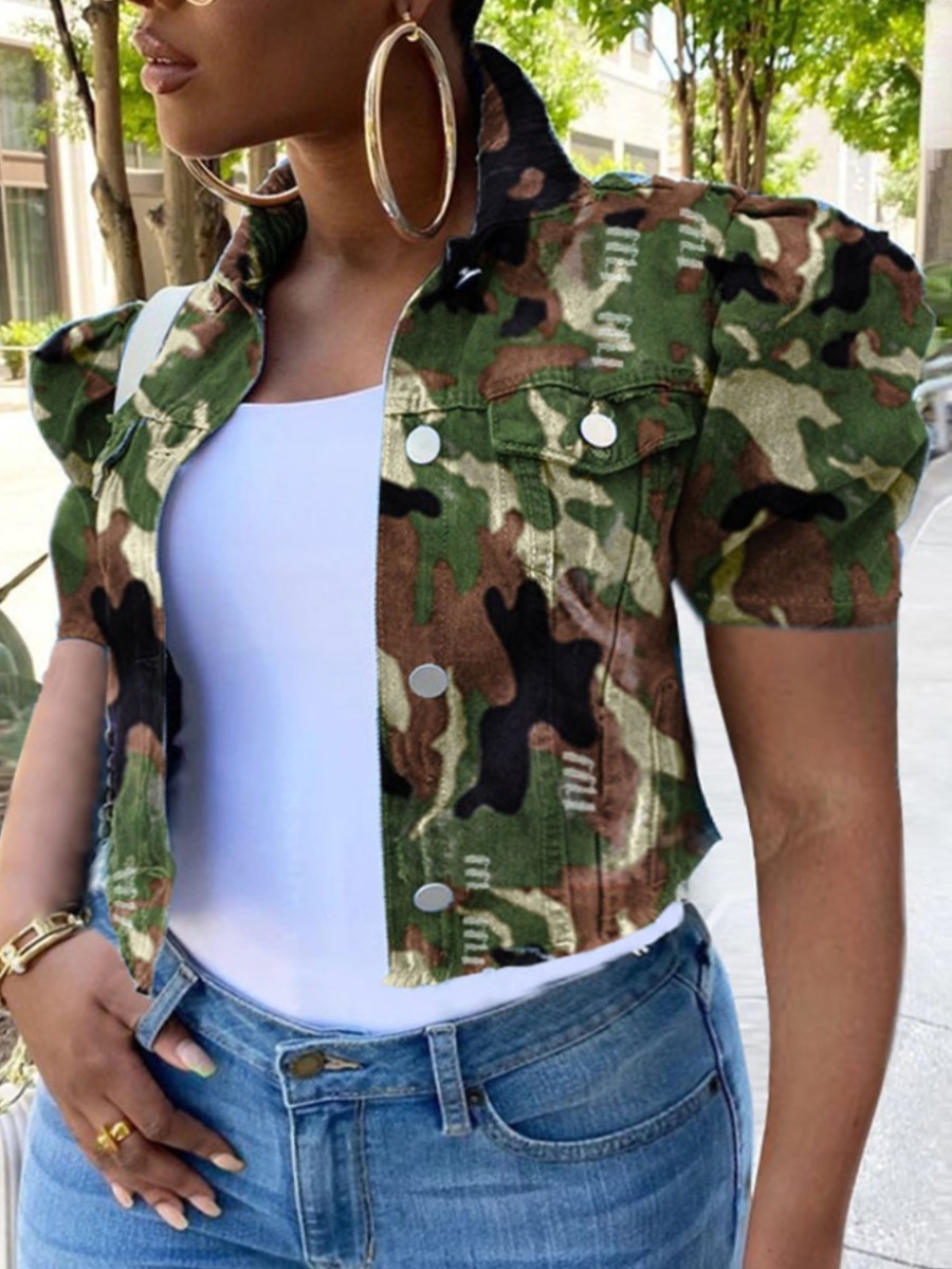 

Lovely Plus Size Street Camo Print Ruffle Design Green Denim Coat