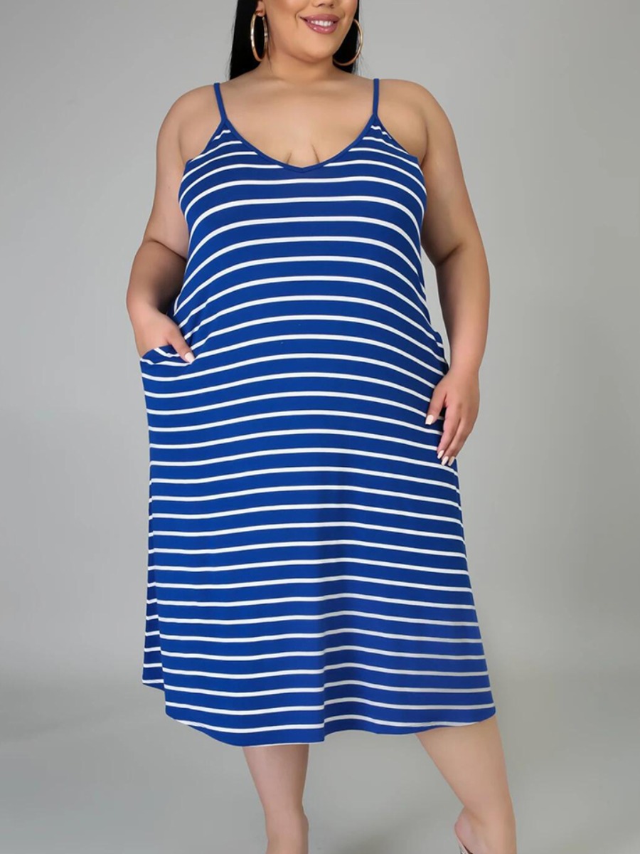

Lovely Plus Size Casual Striped Pocket Design Deep Blue Mid Calf Dress