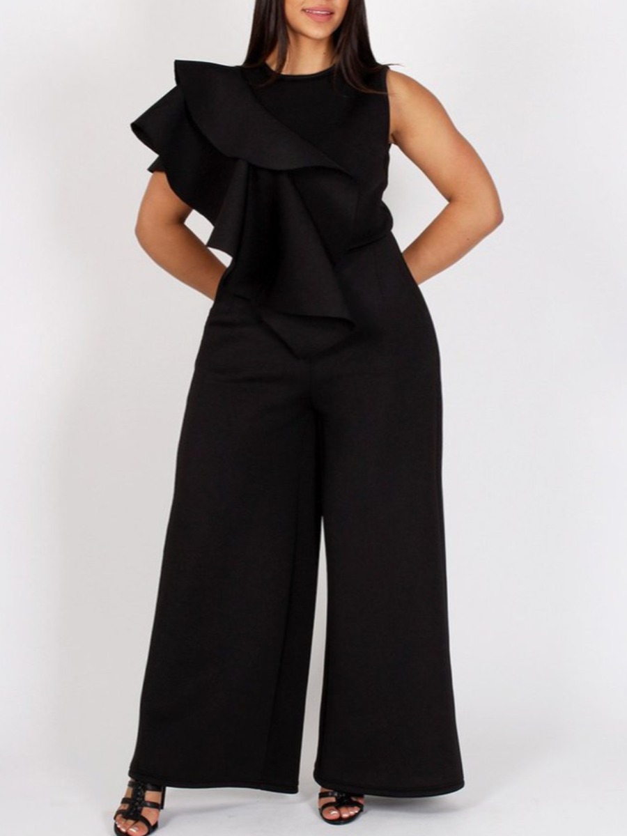 

LW Plus Size Elegant Round Neck Flounce Design Black One-piece Jumpsuit