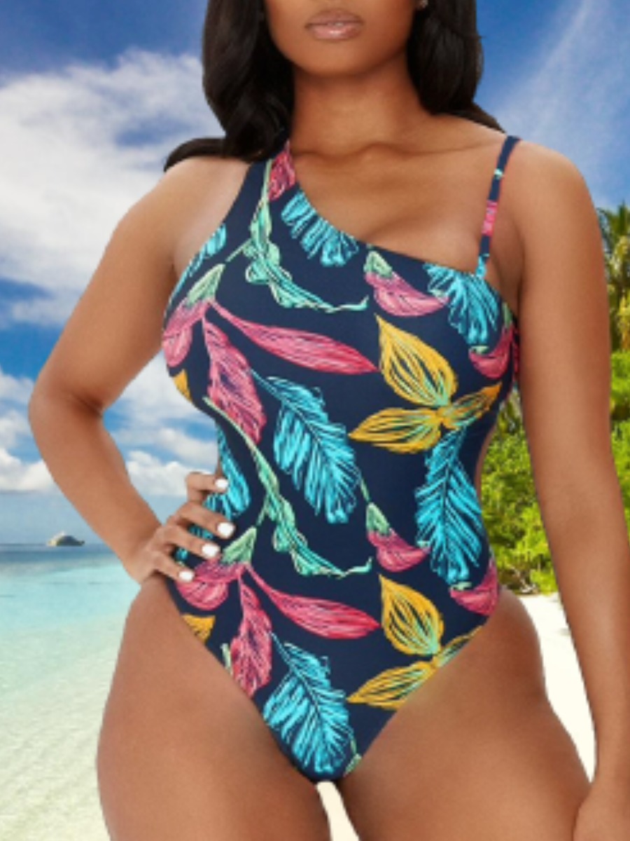 

Lovely Boho Floral Print Hollow-out Blue One-piece Swimsuit