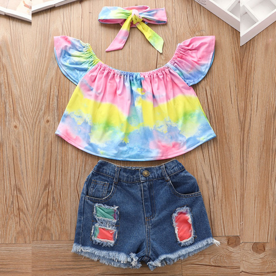 

Lovely Girl Sweet Tie Dye Ruffle Design Ripped Pink Two Piece Shorts Set(With Headband)