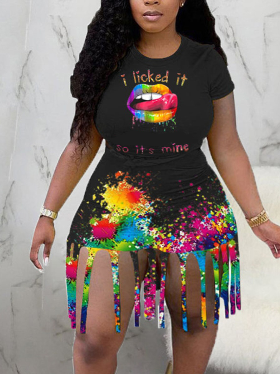 

LW Plus Size Casual Splash-ink Tassel Design Black Two-piece Shorts Set