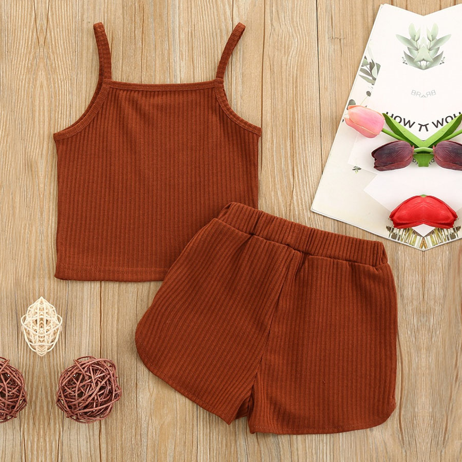

Lovely Casual Rib-Knit Bow-tie Decoration Brown Girl Two Piece Shorts Set