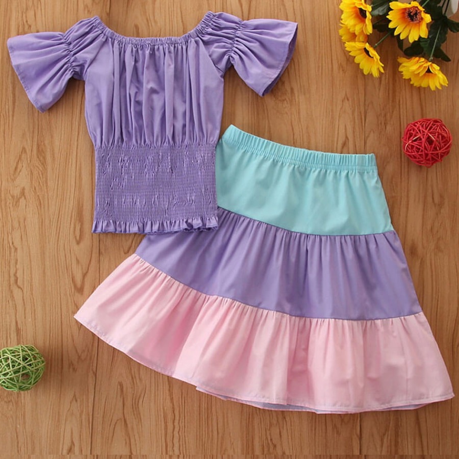 

Lovely Girl Sweet Ruffle Design Ruched Purple Two Piece Skirt Set