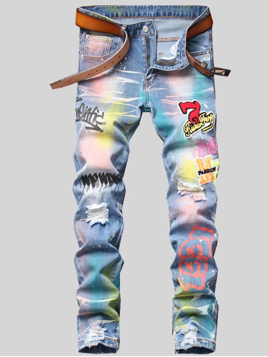 

Lovely Men Street Graffiti Print Ripped Blue Jeans