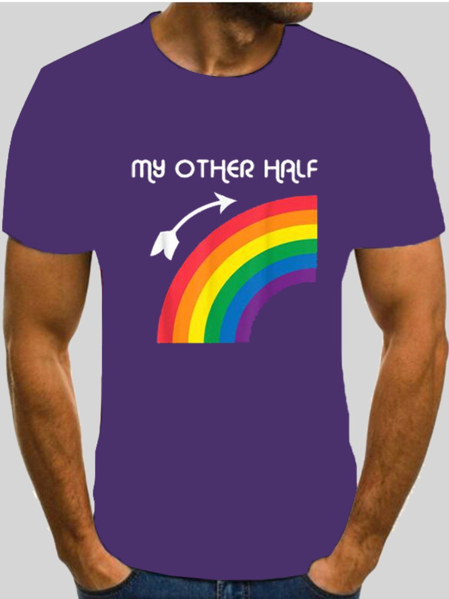 

Lovely Men Casual Rainbow Letter Print Purple T-shirt