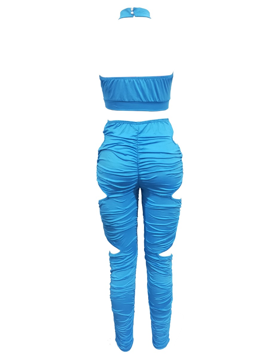 LW Street Hollow-out Ruched Blue Two Piece Pants Set