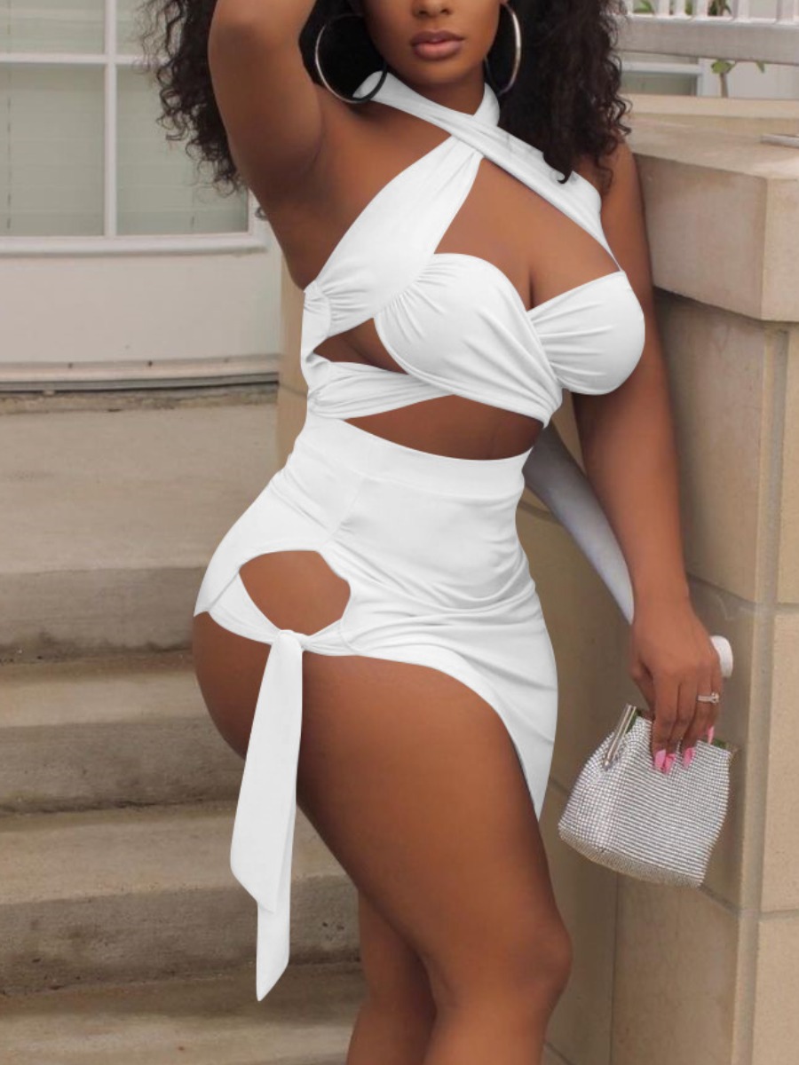 

Lovely Sexy Bandage Hollow-out Design White Two Piece Skirt Set