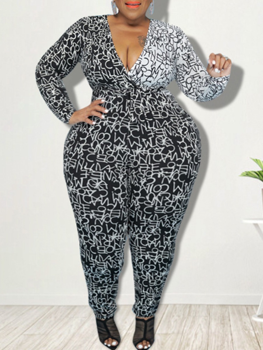 

LW Plus Size Casual V Neck Geometric Print Black One-piece Jumpsuit