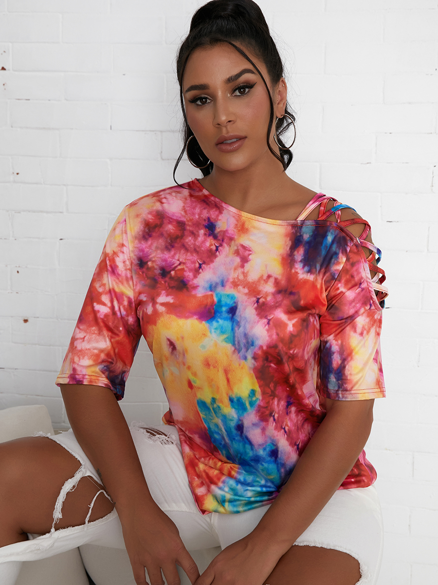 

LW Casual Tie-dye Bandage Hollow-out Design Multicolor T-shirt, Multi