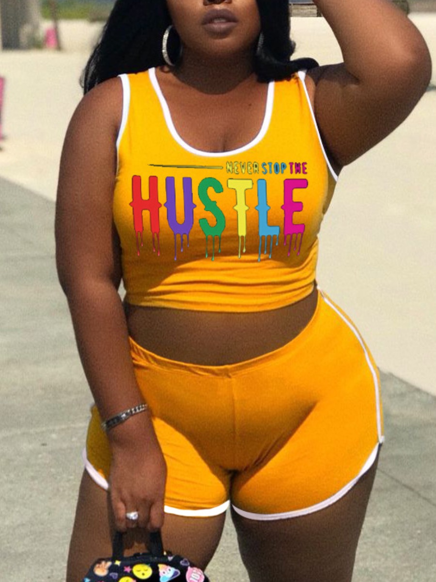 

LW Sporty Letter Print Striped Yellow Two Piece Shorts Set