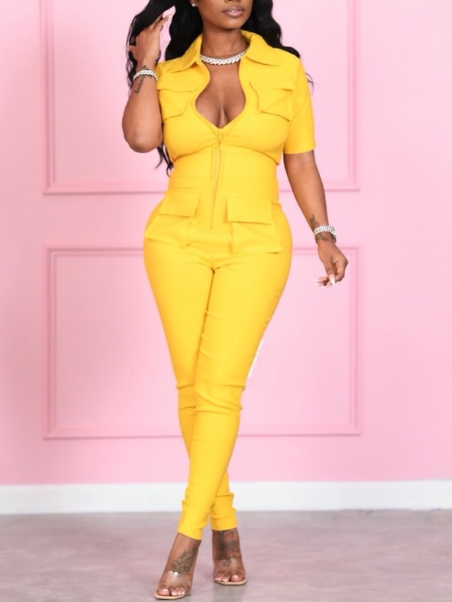

LW Casual Turndown Collar Pocket Design Yellow One-piece Jumpsuit