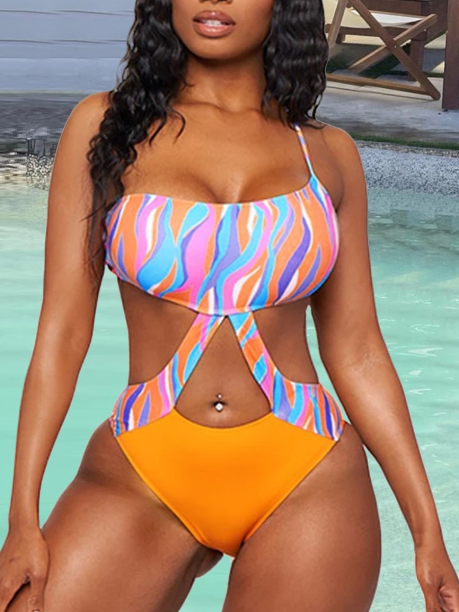 

Lovely Boho Striped Hollow-out Yellow One-piece Swimsuit