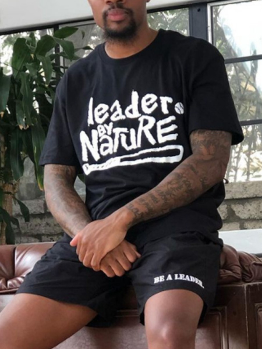 

Lovely Men Casual Round Neck Letter Print Black Two Piece Shorts Set