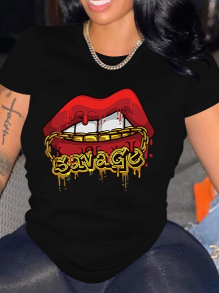 

Lovely Casual Round Neck Lip Print Black T-shirt